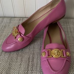 Versace Gold Medusa Head Logo Pink Leather Flats Women Shoes Sz. 38 US 8